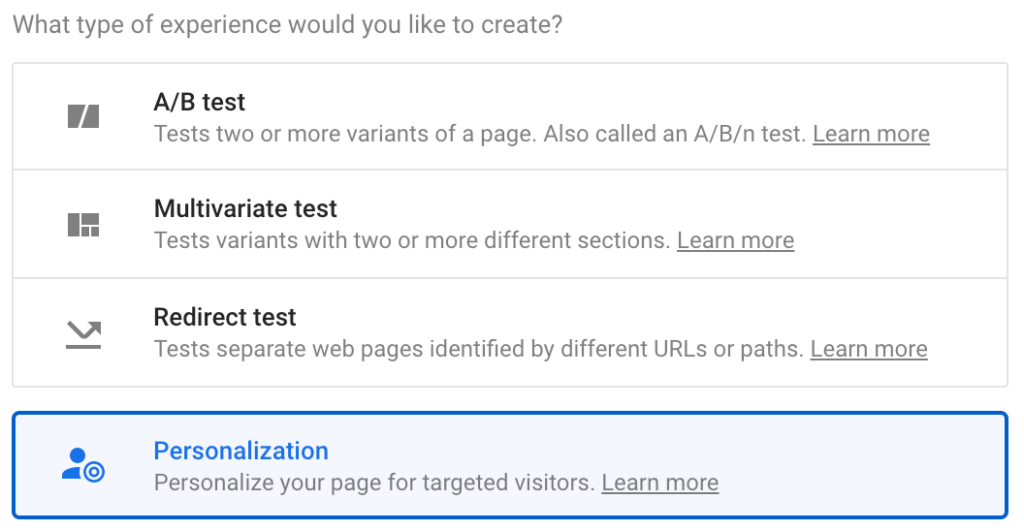 Select Personalization in Google Optimize
