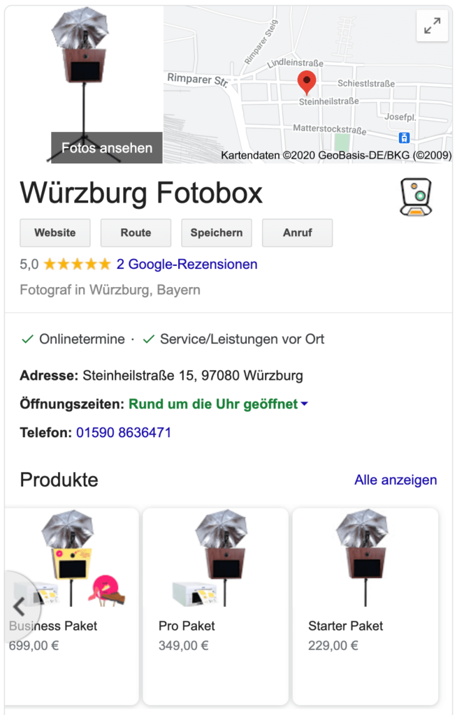 Google My Business Snippet in SERP of Würzburg Fotobox